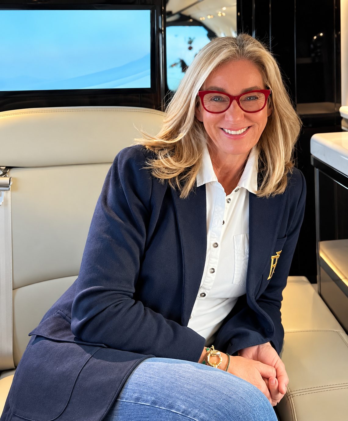 Portrait of Susi Rose seated in the cabin of a private aircraft